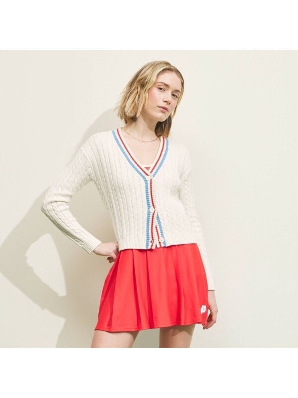Prince Pickleball Cable Knit Cardigan in Cream w/ Blue and Red Trim- Size Medium